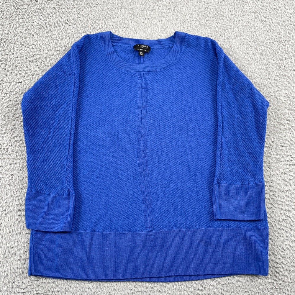 Talbots Sweater Womens XLP Blue Pure Merino Wool Textured Knit Crew Neck Petites